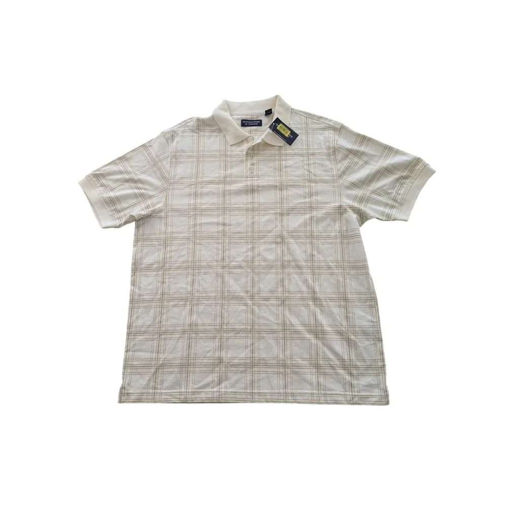 Roundtree & Yorke Mens Large Cream‎ Tan Plaid Cotton Short Sleeve Polo Shirt NWT